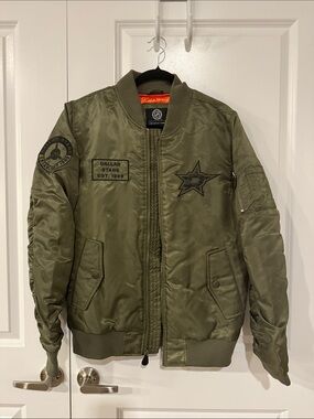 Men's Olive Green Bomber Jacket with Team Patches